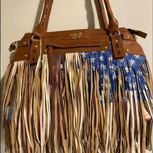 Handmade painted multicolor leather fringe bag - Picture 3 of 10